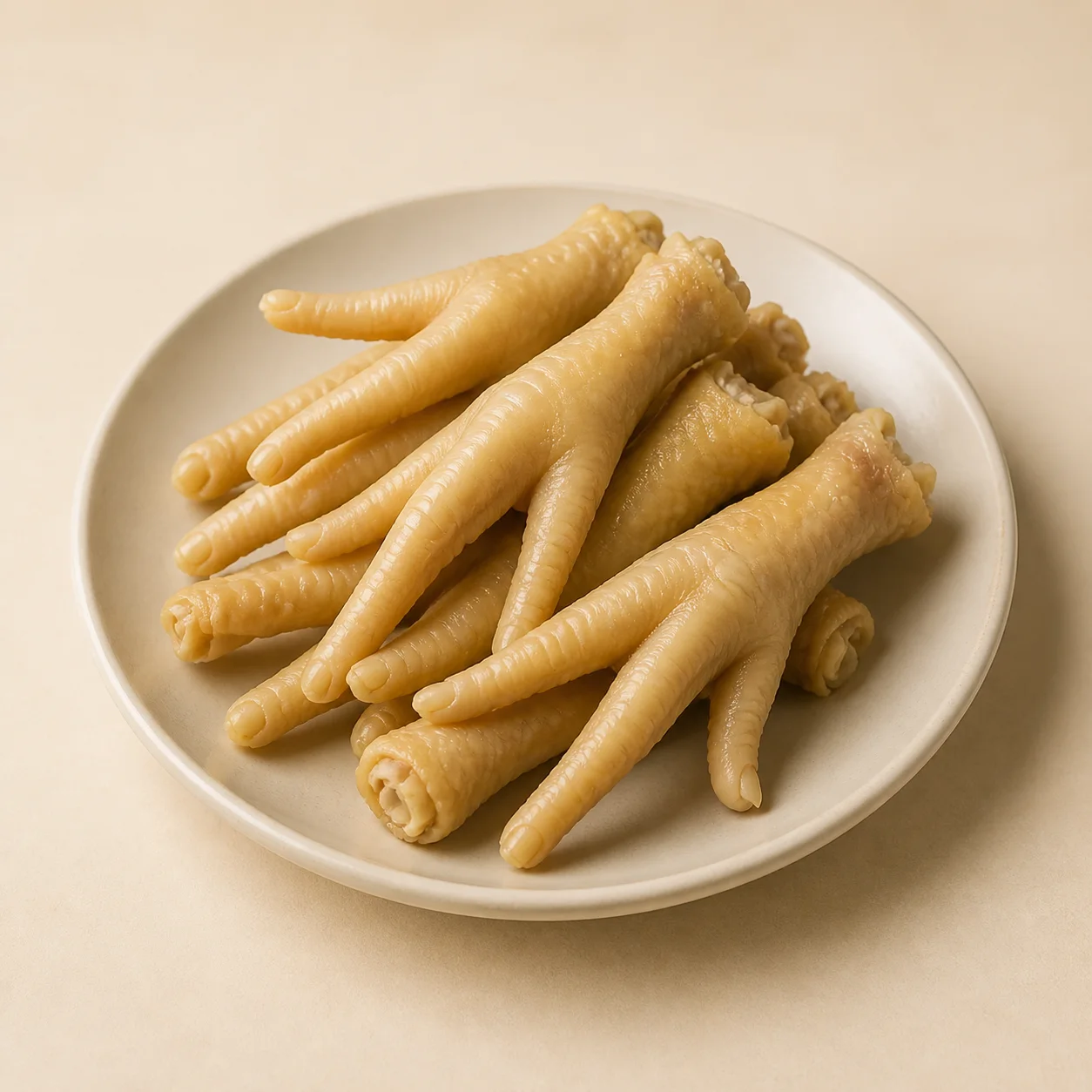 Boiled chicken feet arranged on a cream ceramic plate