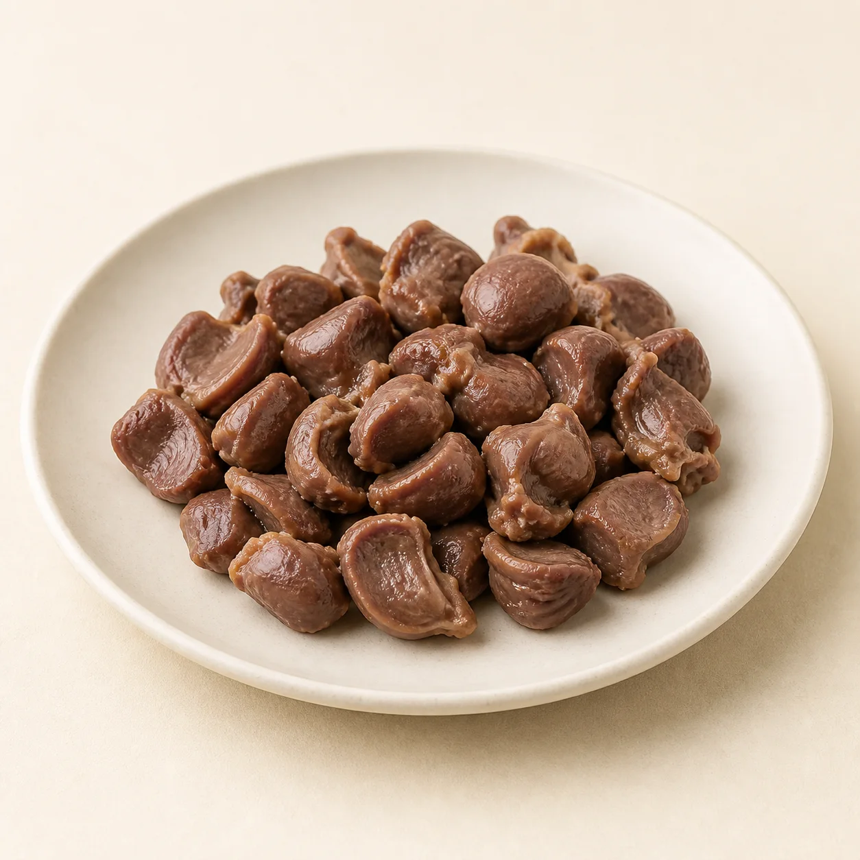 Boiled chicken gizzard pieces on a cream ceramic plate
