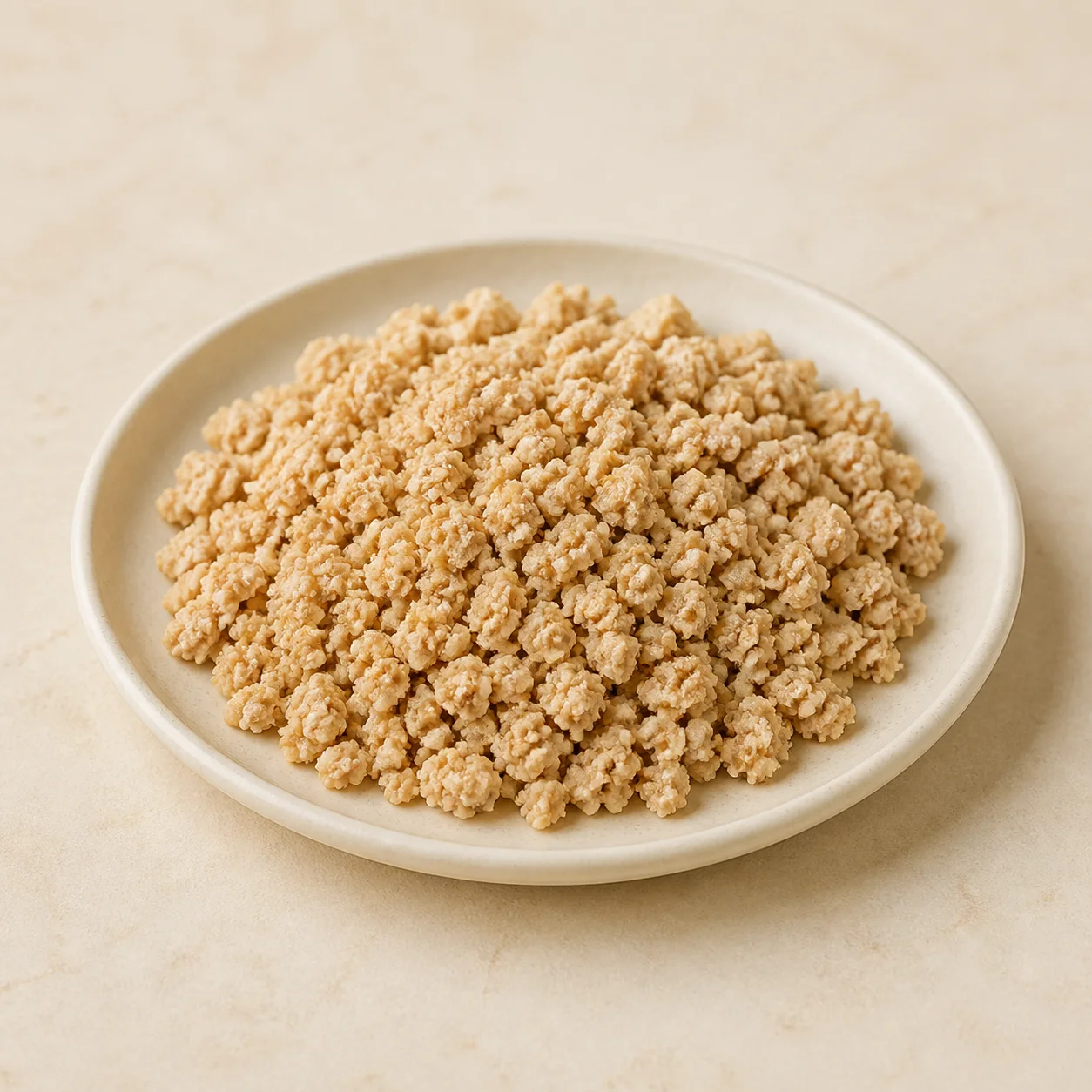Plain boiled minced chicken on a cream ceramic plate