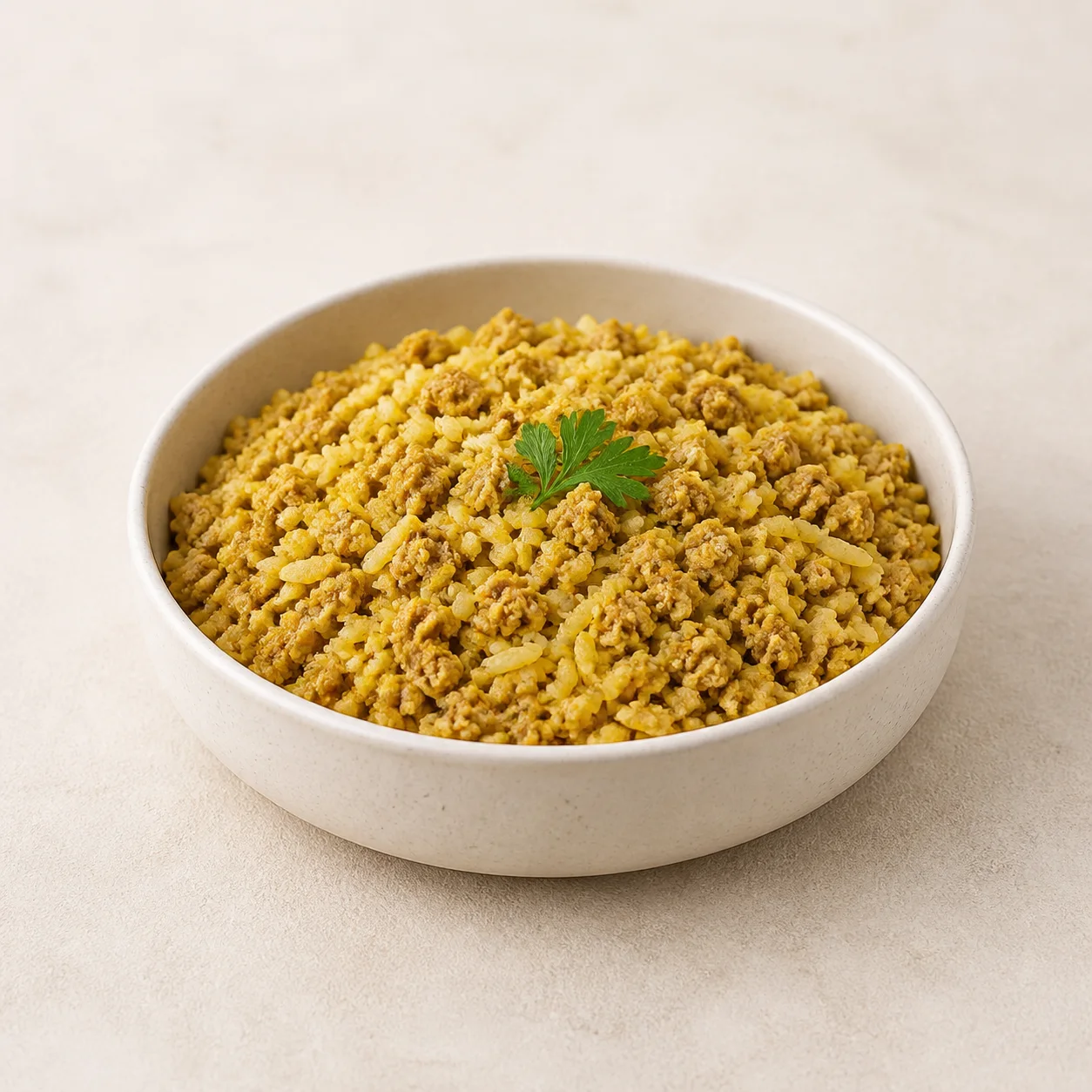 Chicken Keema Meal with minced chicken, rice, and turmeric in a cream dog bowl