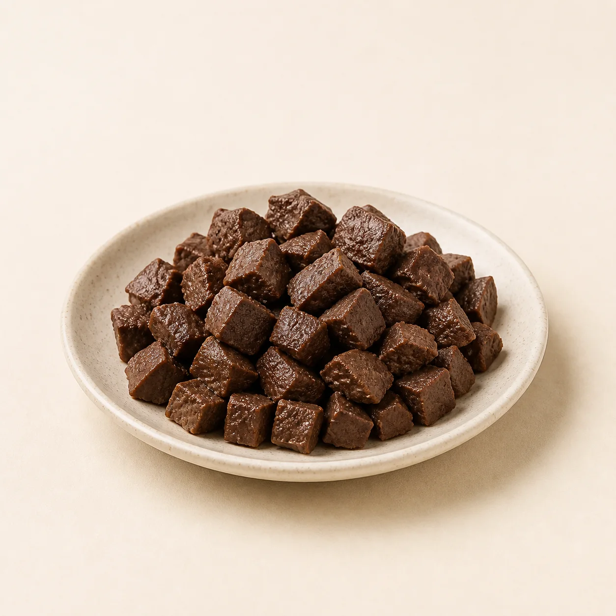 Bite-sized boiled chicken liver pieces on a cream ceramic plate