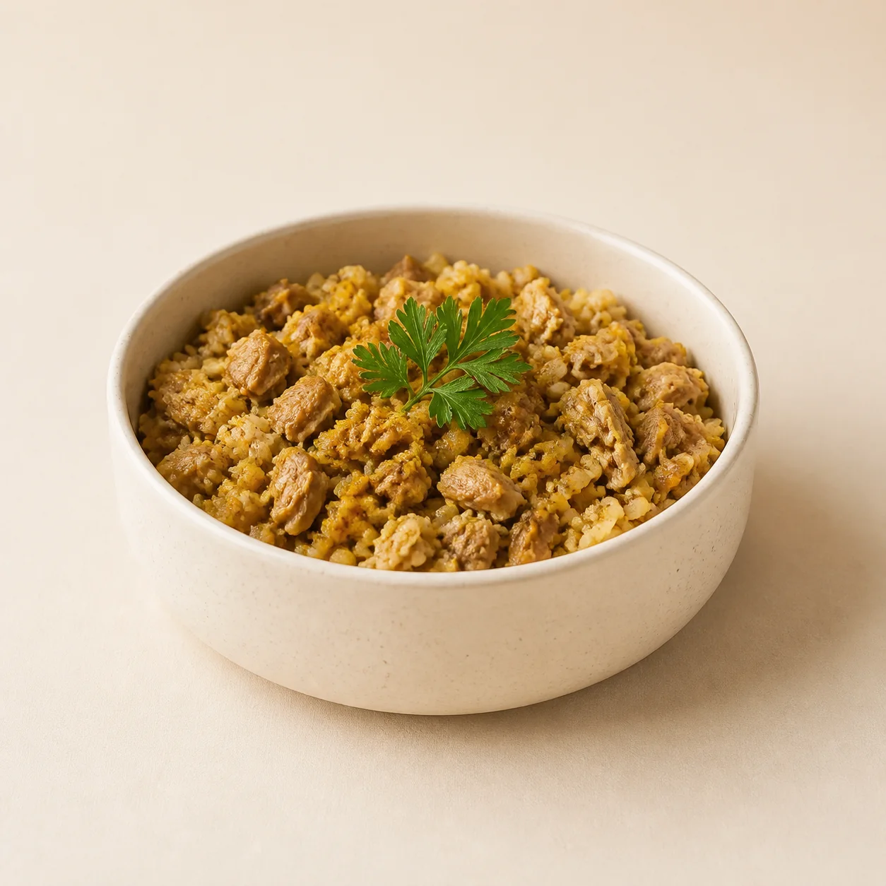 Chicken Neck Meal with cooked chicken neck pieces, rice, and turmeric in a cream dog bowl