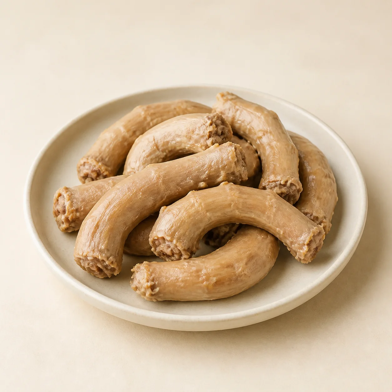 Boiled chicken neck pieces arranged on a cream ceramic plate