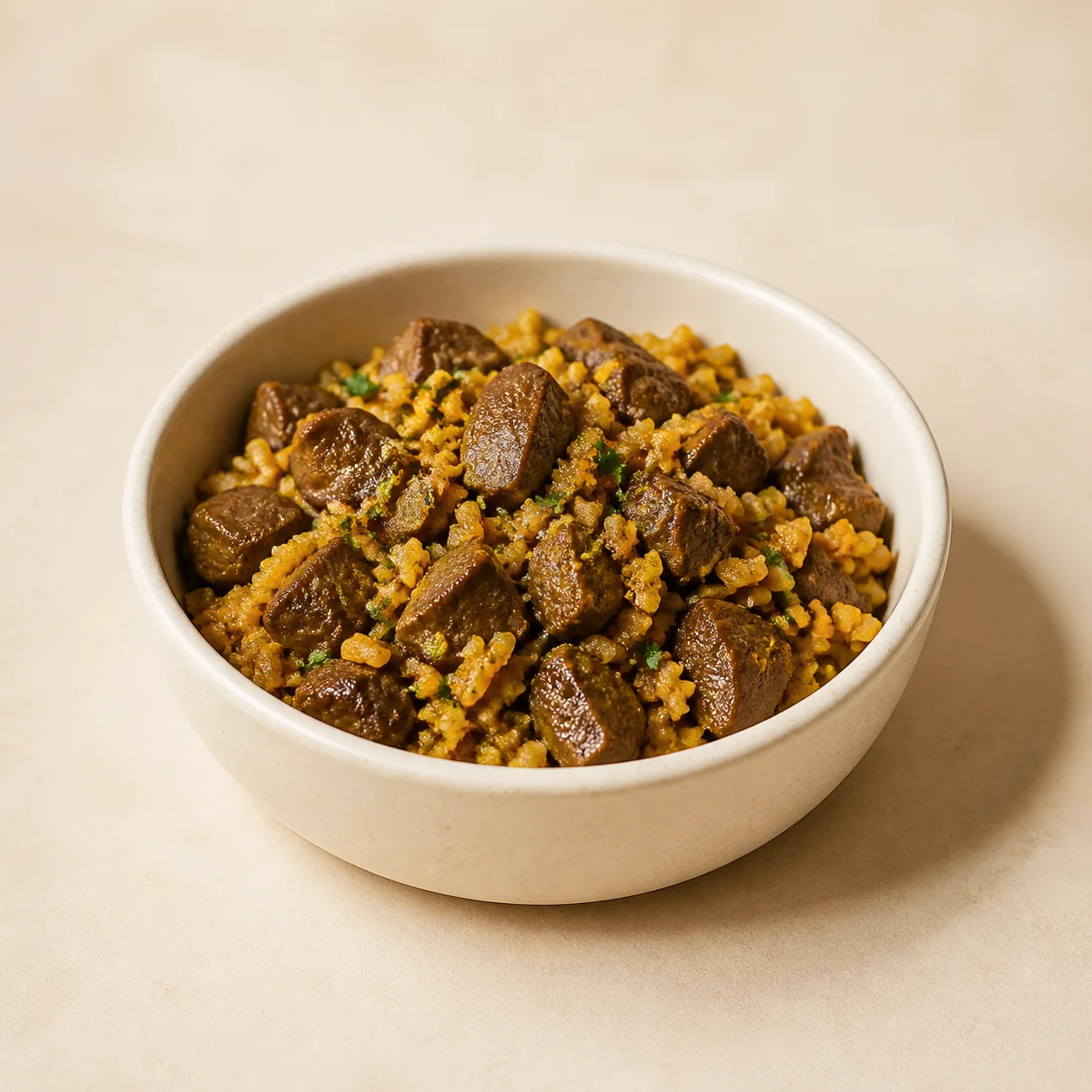 Chicken liver meal with cooked liver, rice, and turmeric in a cream dog bowl